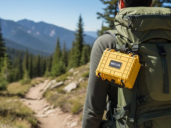 Series of outdoor hiking scenes showing a yellow device mounted on backpack straps against mountain trail backgrounds.