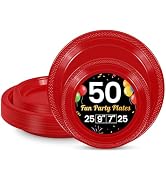 LANLISA 50 Pcs Red Plastic Plates For Party, 25-9" &amp; 25-7" Disposable Cake Dessert Plates For Bir...