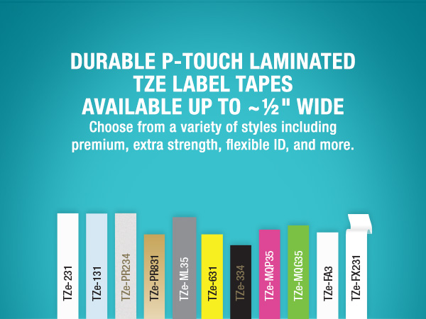 Durable P-touch Laminated TZe Label Tapes 12mm wide: premium, extra strength, flexible ID and more