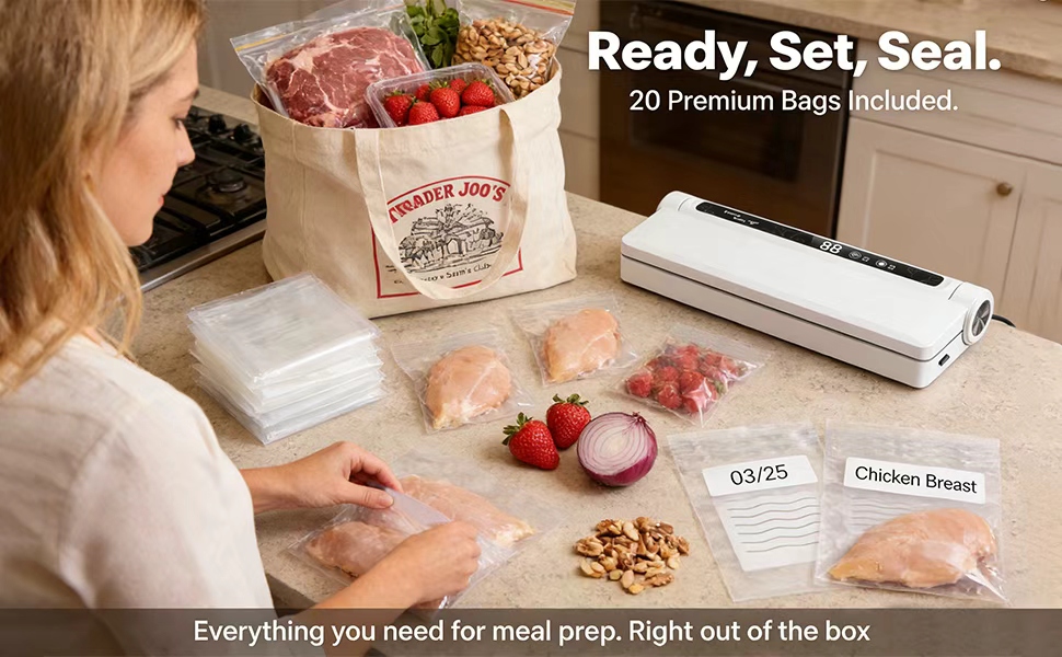 Ready, Set,Seal. 20 Premium Bags Included.Everything you need for meal prep. Right out of the box