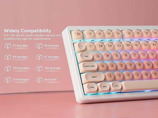 wide compatibility, suitable for keyboards with 61, 68, 84, 87, 100, 104, 108 keycaps and more.