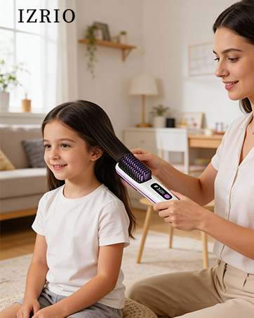 Mother using KNISUZ heated brush to style little girl's hair at home