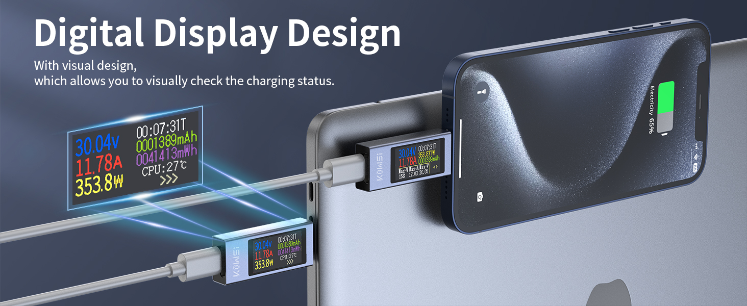 Digital display device for vehicle showing multiple screens with charging status, battery percentage, and range information. Text indicates 'Digital Display Design'.