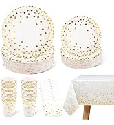 hapray 201 PCS Disposable Paper Plates Gold Party Supplies, Golden Polka Dots Birthday and Baptis...