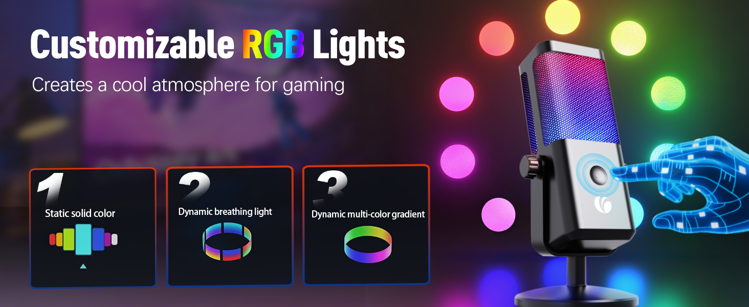 Text reads 'Customizable RGB Lights.' Gaming setup interface showing RGB light customization options with multiple preset modes and icons.