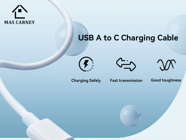 Text reads 'MAS CARNEY USB A to C Charging Cable' with icons indicating 'Charging Safely', 'Fast transmission', and 'Good toughness'. White USB cable shown on light blue background.