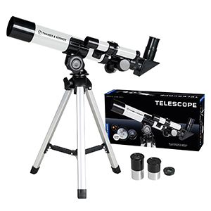 Telescope set on tripod with box and extra eyepieces next to it