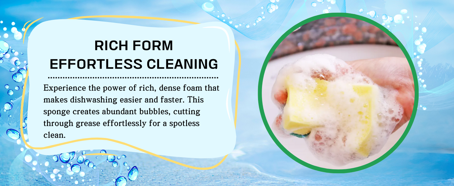 Effective sponge, deep cleaning, high foam, multi-purpose, scratch-free, durable, versatile.