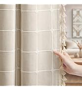 XOGUIBO Boho Blackout White Plaid Curtains 84 Inch Beige Linen Blend Drapes with Tassels 2 Panels...