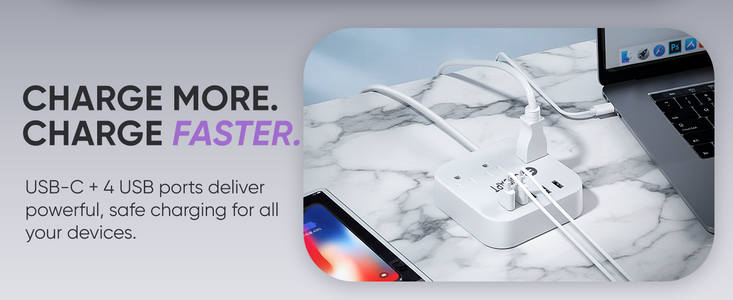 Charge pfaster - usb-c and 4 usb ports deliver powerful, safe charging for all your devices