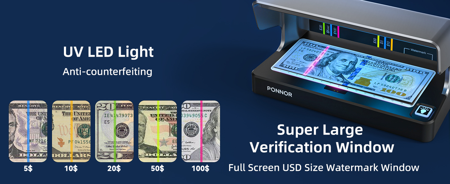 PONNOR AL-12 Counterfeit Bill Detector Money Checker Machine with Dual UV LED Light