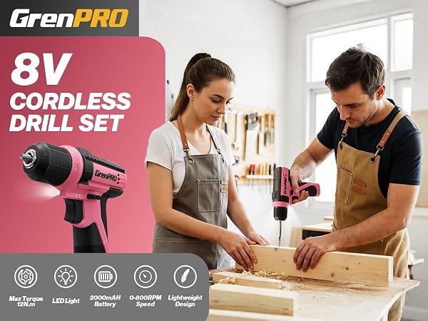 8V Pink Cordless Drill Set