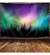 Aurora Borealis Tapestry, Purple Green Northern Lights Aurora Borealis Misty Forest Tapestry Nort...