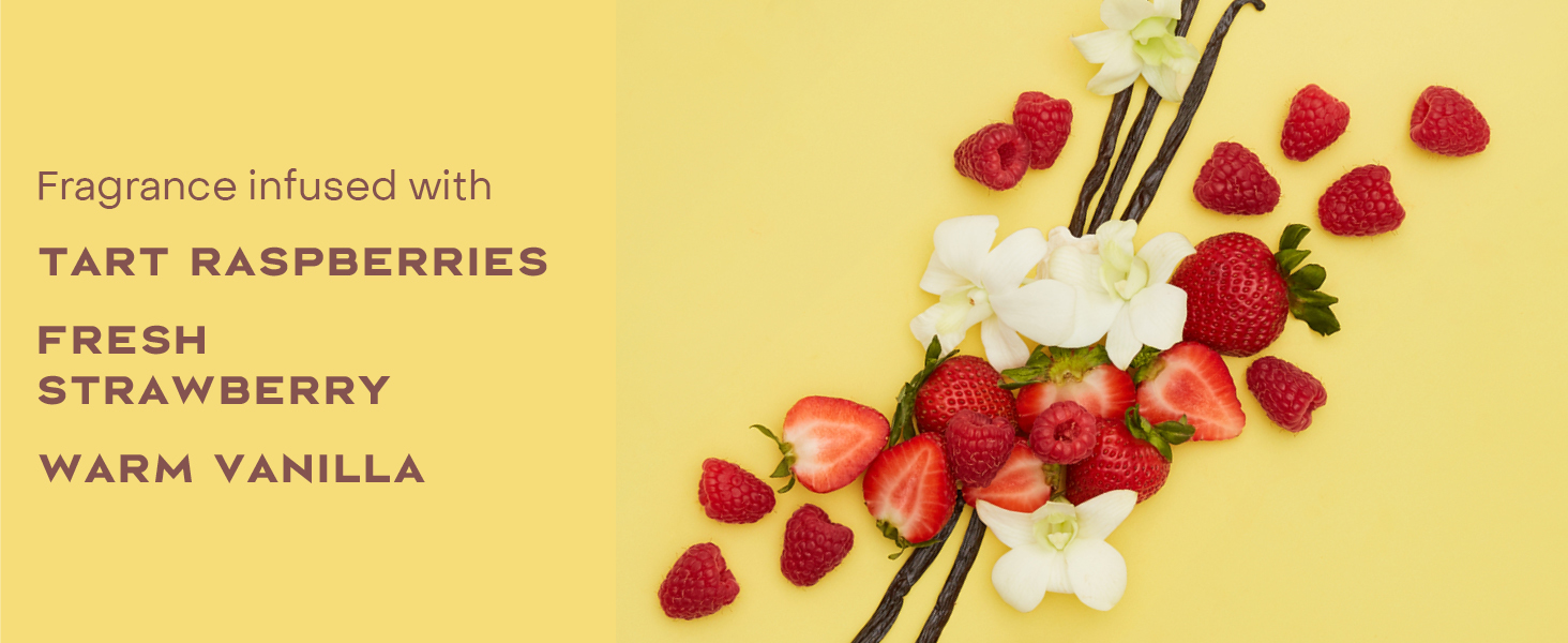 Image of fragrance ingredients like tart raspberries, fresh strawberries, &amp;amp;amp; warm vanilla.