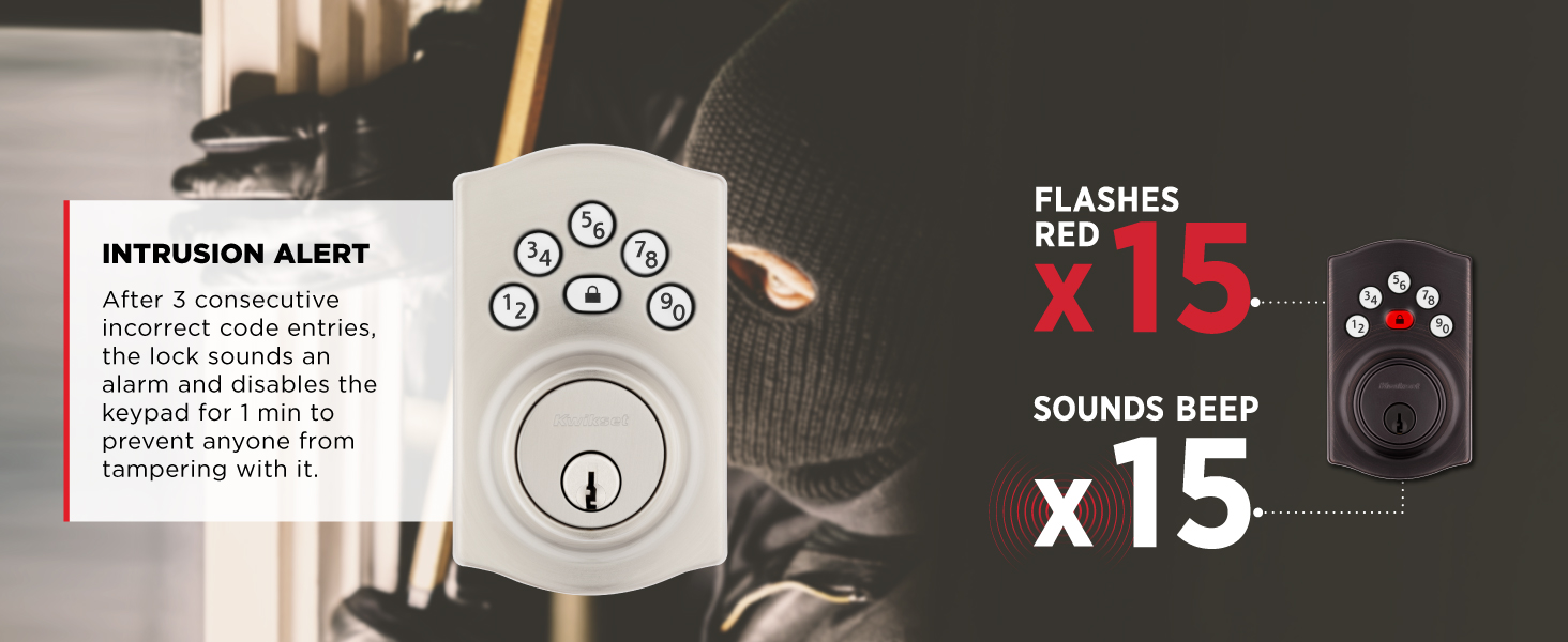 kwikset powerbolt intrusion alert 3 wrong codes 15 red flashes beeps loud security prevent tampering