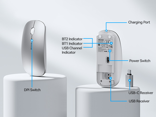 Text reads 'Charging Port', 'BT2 Indicator', 'Power Switch', 'USB Channel Indicator', 'DPI Switch', 'USB Receiver', 'USB Receiver'. Wireless mouse with charging dock and USB receiver components displayed with labeled features.