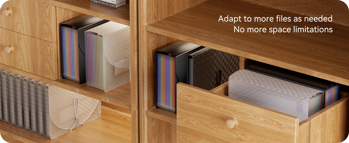 Wooden storage unit with shelves and drawers. Contains colorful file folders, boxes, and office supplies. Text reads 'Adapt to more files as needed, No more space limitations'.