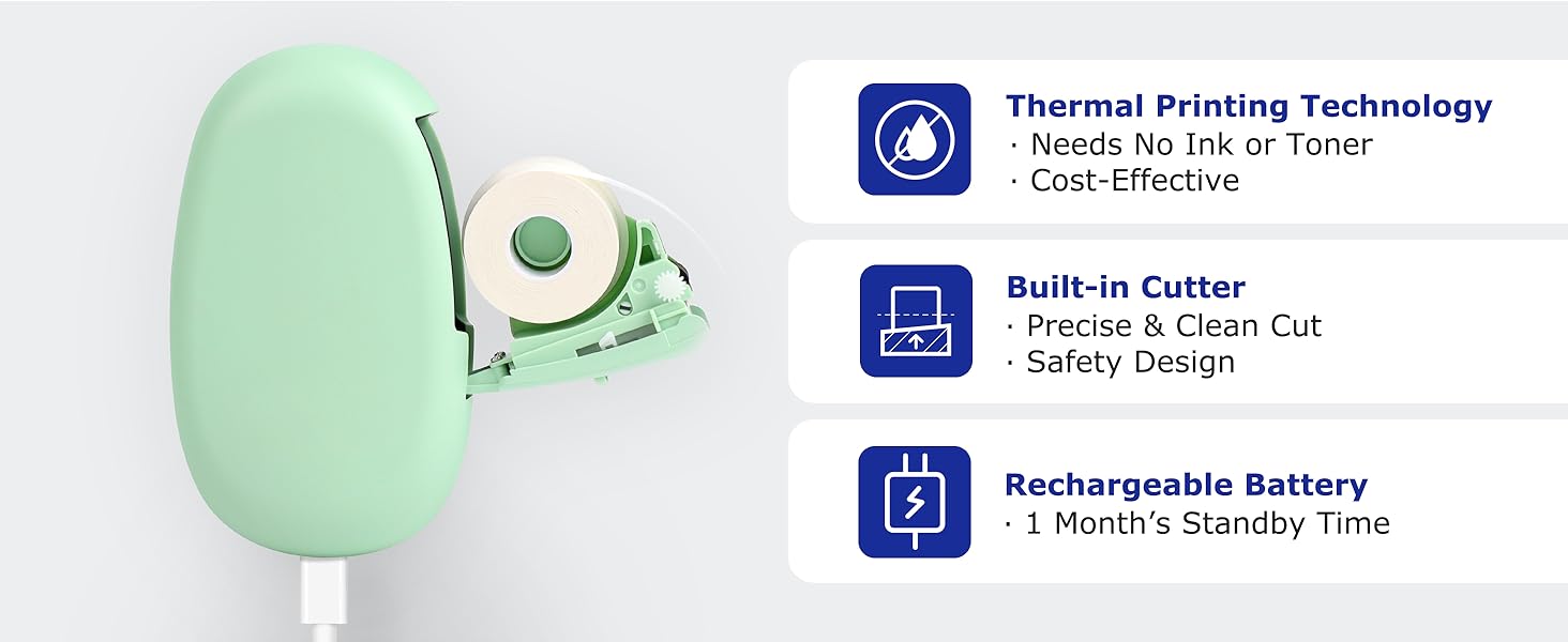 Ink-free label maker: Built-in cutter &amp;amp; rechargeable battery