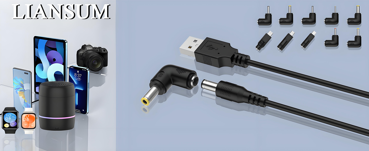 Assortment of electronic accessories including USB cables, power adapters, and device charging ports. Left side shows various devices like smartphones, camera, and earbuds.