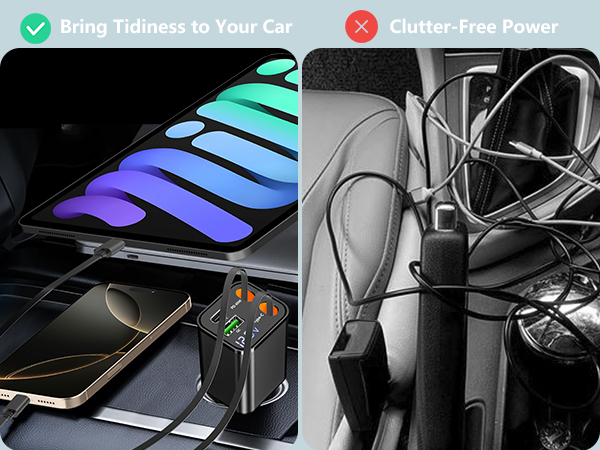 Retractable Car Charger USB C 120W USB C Car Charger 4-IN-1 PD/QC Power Cigarette Lighter Adapter