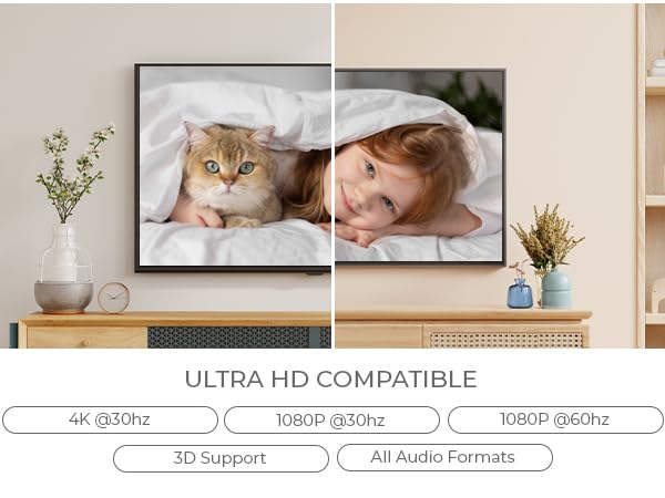 Split-screen image displaying on TV. Shows compatibility with 4K, 1080P resolutions, 3D support, and all audio formats.