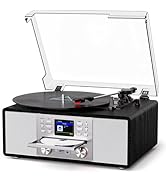 Bluetooth Vinyl Record Player with CD &amp; Internet Radio, USB Recording, 3-Speed Belt-Drive Vintage...