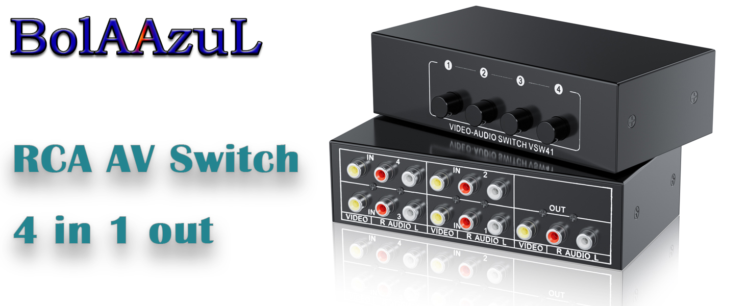 4 In 1 Out RCA switch box lets you connect four composite video and stereo audio sources
