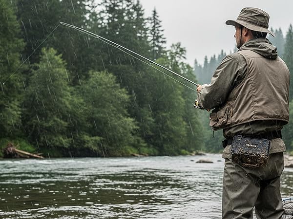 Series of outdoor fishing scenes by a river or stream, showing angler activities in natural wooded setting with flowing water.
