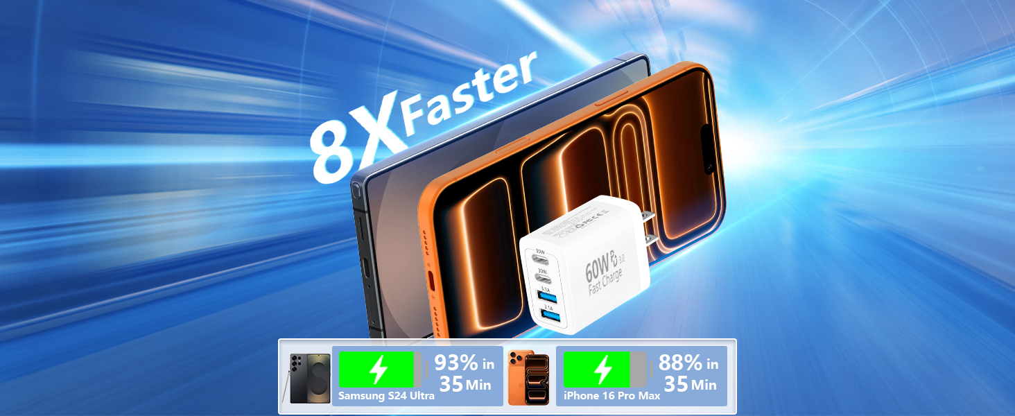 2Pack 60W 4Port USB C Wall Charger Block Dual PD&amp;amp;QC Power Type C Fast Charging Adapter USB-A Charge