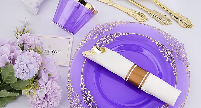 Purple and gold dinnerware set