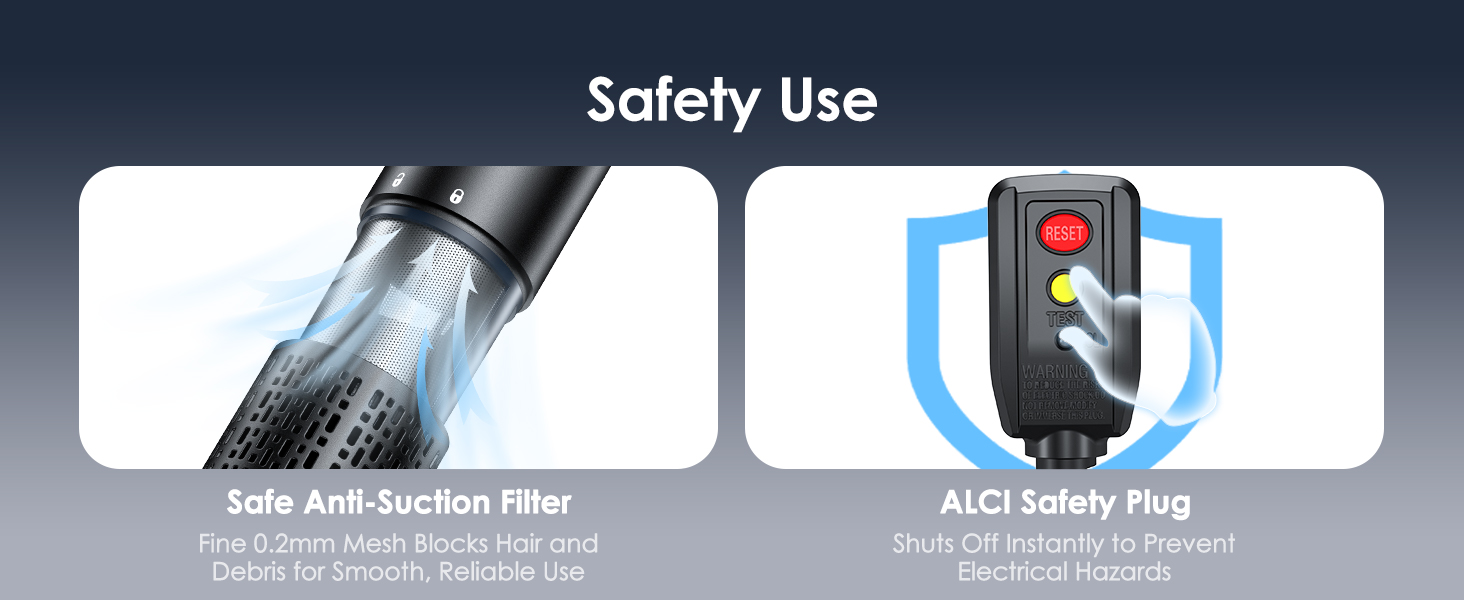 Hair dryer showing safety features including an anti-suction filter and ALCI safety plug.