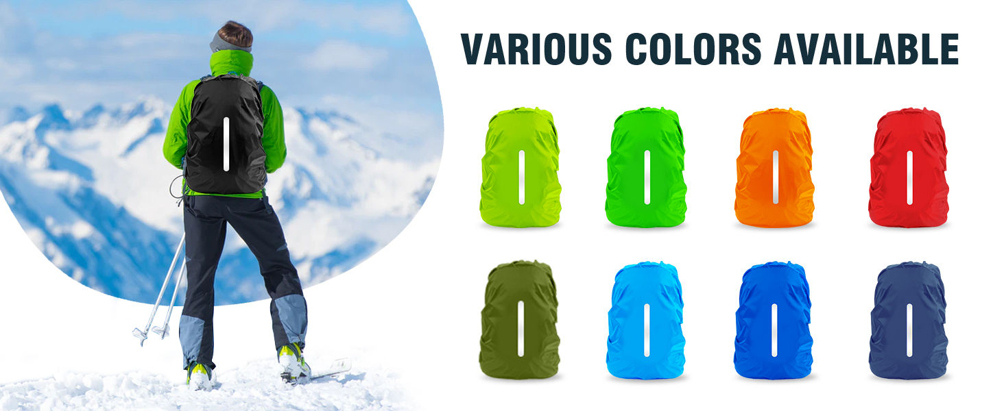 Backpack in various colors displayed against snowy mountain backdrop. Person wearing green backpack skiing in foreground. Eight color options shown: green, lime, orange, red, olive, blue, navy, sky blue.
