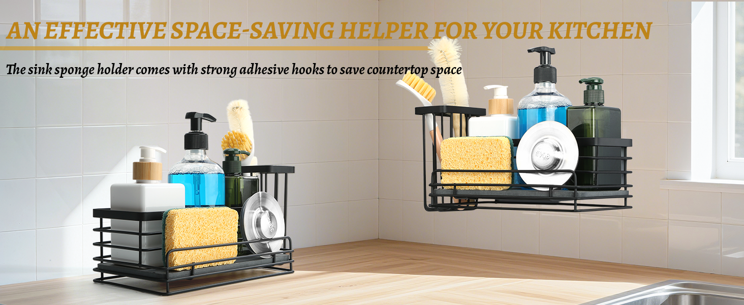 The sink sponge holder comes with strong adhesive hooks to save countertop space