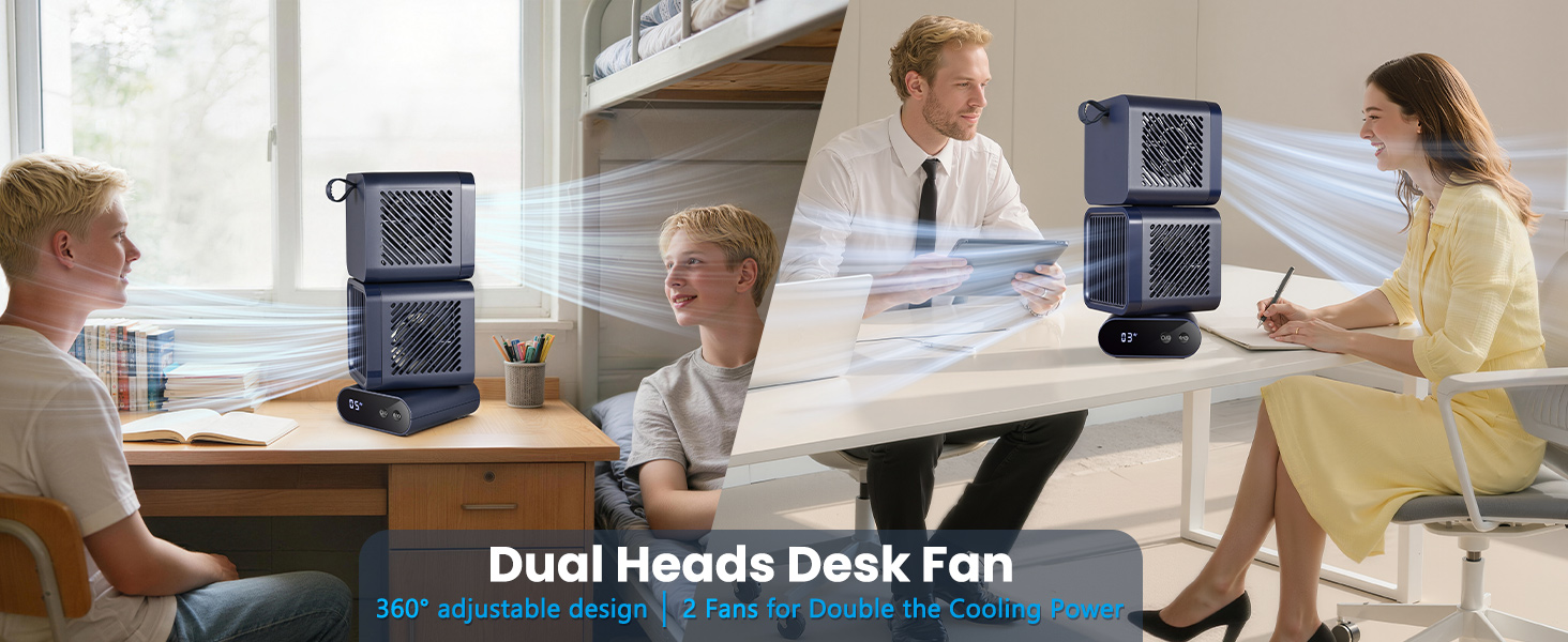 Nauttxon Dual-Head Desk Fan - Rechargeable Desktop Fan for Bedroom Office Home Desk Outdoor