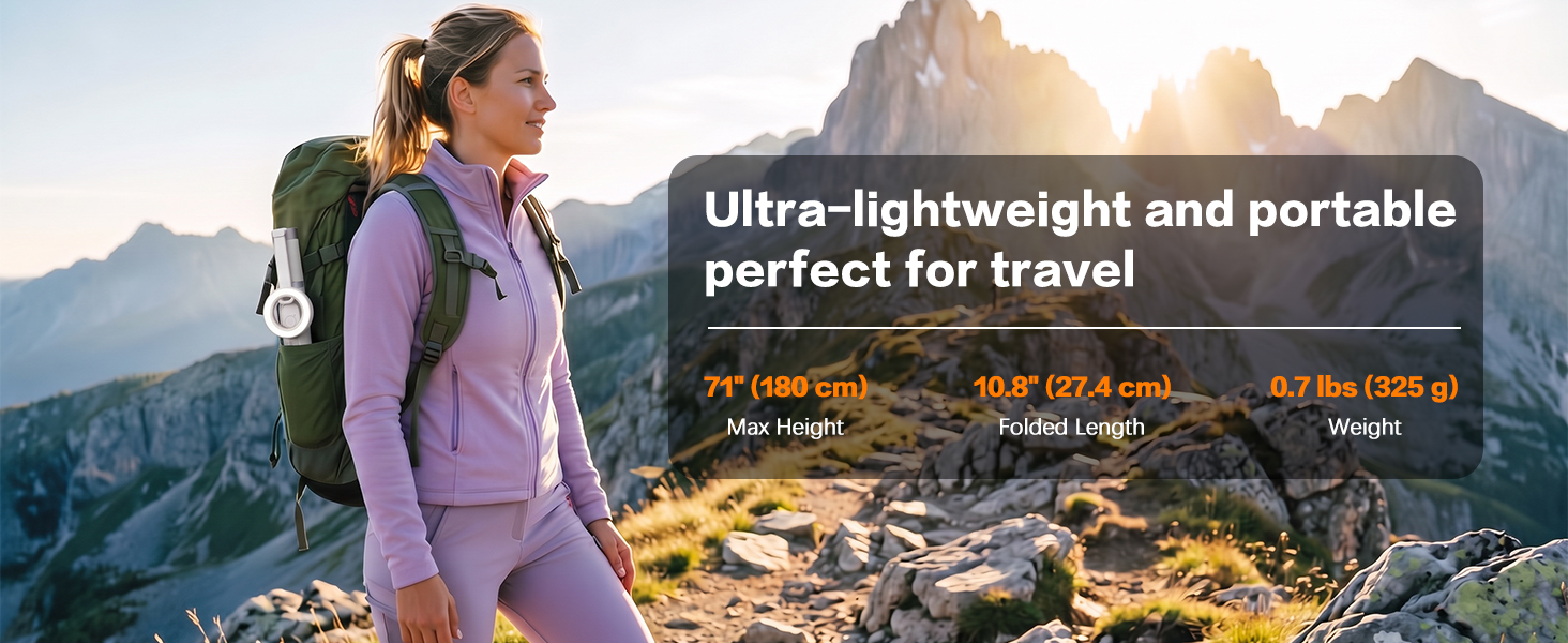 tripod weighs a mere 0.7 lbs and collapses down to a highly portable 10.8 inches