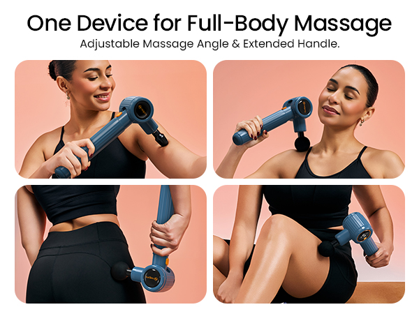 Text reads 'One Device for Full-Body Massage'. Four-panel image showing blue handheld massage device being demonstrated on different body areas.