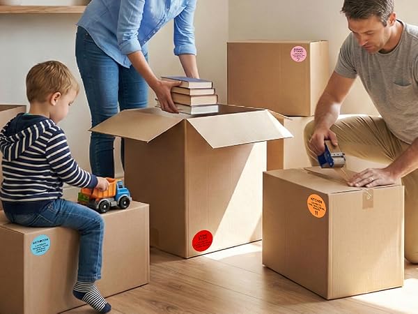 cardboard box closing movements colorful sticker markers book toy move home house package moving