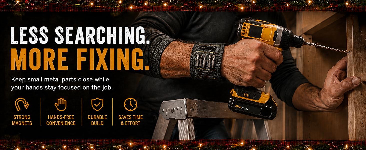 Handyman wearing a magnetic wristband while working with screws and a power drill on a ladder.
