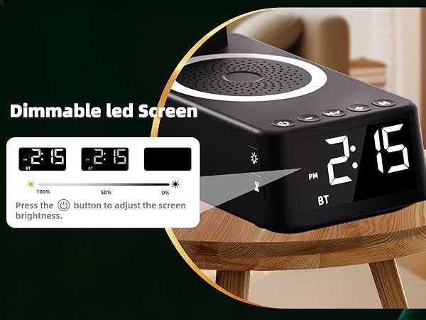 Text reads 'Dimmable LED Screen'. Digital display interface showing time readout and brightness controls, with touch-sensitive adjustment features.