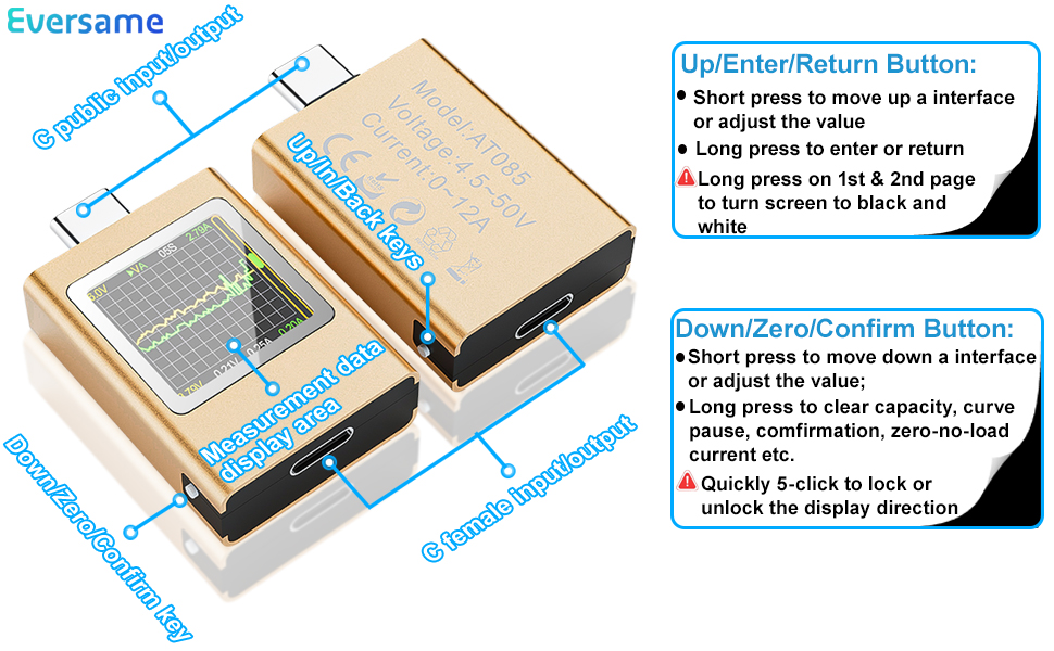 eversame AT085 USB C Tester, keys information 