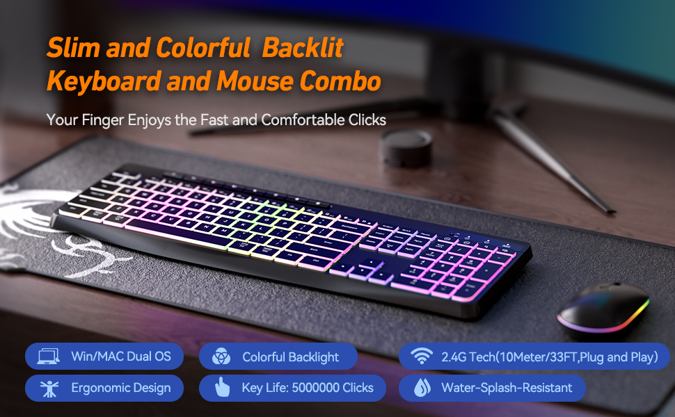Slim and Colorful backlit Keyboard and mouse combo