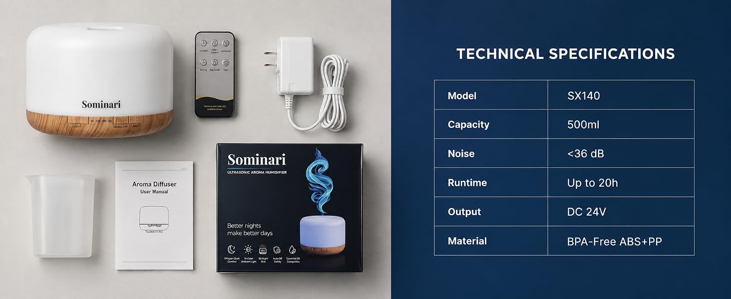 Sominari essential oil diffuser 500ml technical specifications whats in the box