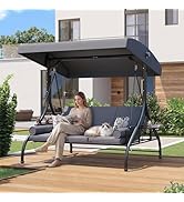 Aoxun Outdoor Porch Swing with Stand and Canopy, 3 Seats Outdoor Swings for Adults, Convertible 2...