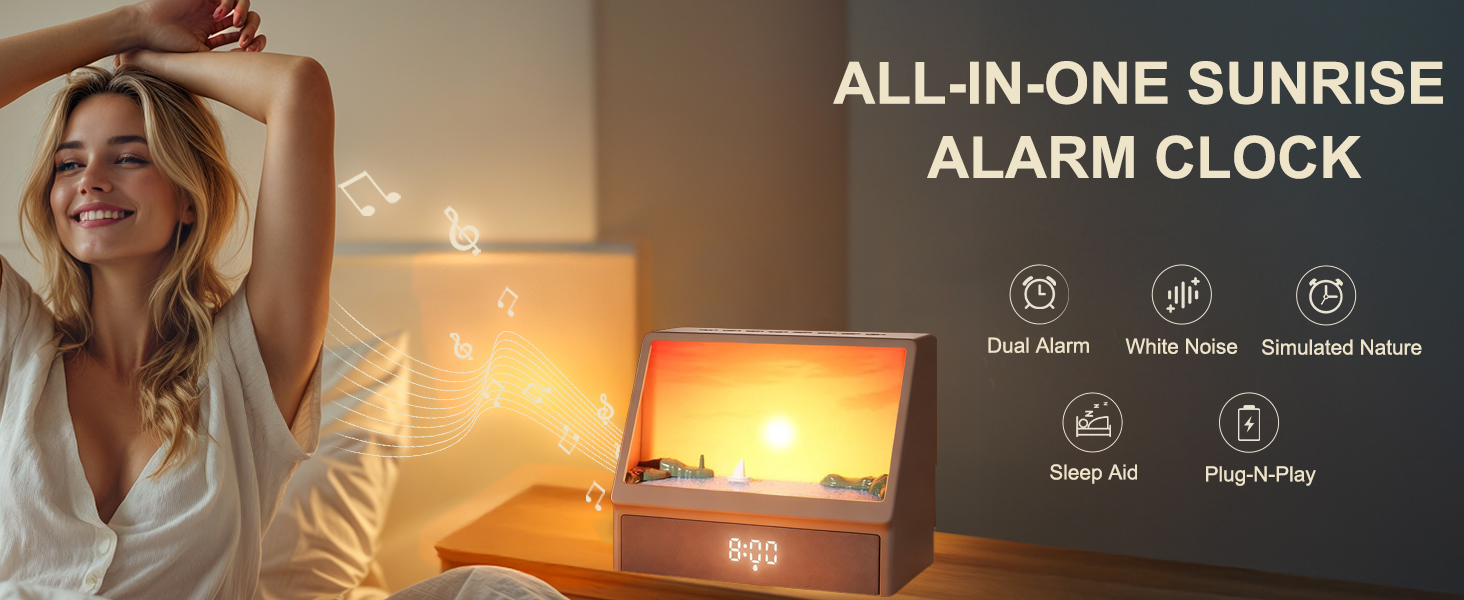 Text reads 'ALL-IN-ONE SUNRISE ALARM CLOCK'. Interface demonstration showing digital clock display with multiple function icons including time, temperature, and settings.