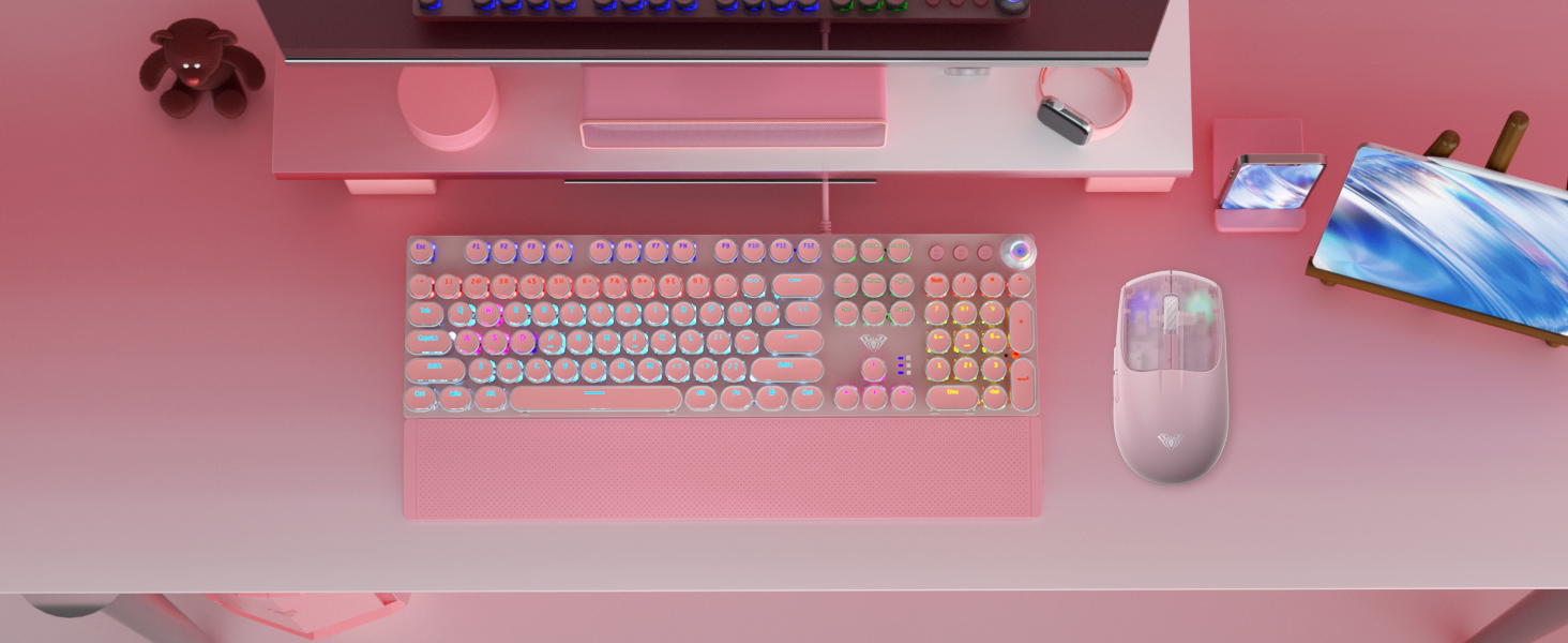 pink keyboard cute rainbow backlit keyboard usb wired typewriter mechanical keyboard full size