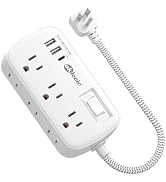 Short Extension Cord 1 ft - Flat Plug Small Power Strip Surge Protetor with 6 Outlets 3 USB (5V/3...