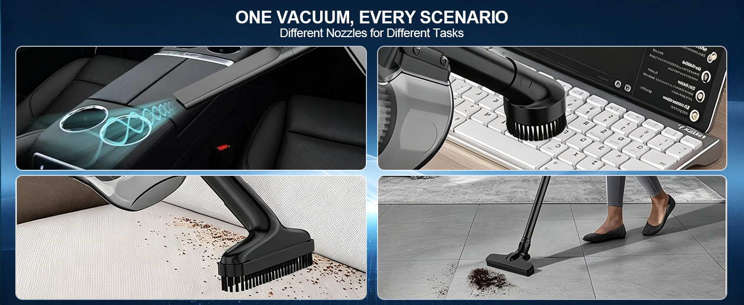 Handheld stick vacuum with multiple nozzles for car, home, sofa, carpet and keyboard cleaning