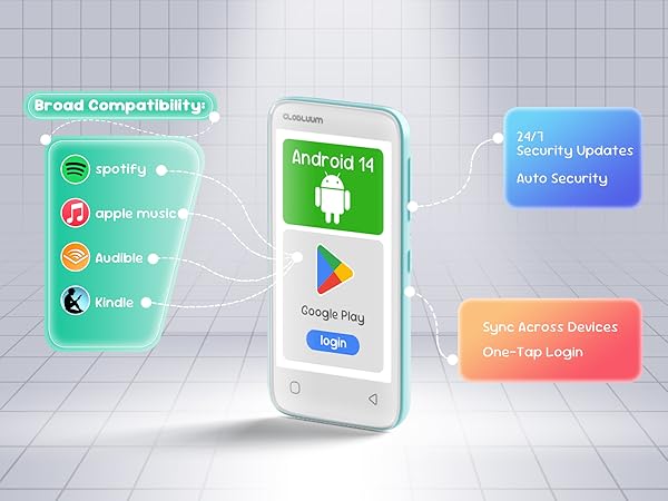 Kids’ MP3 player with Android 14, Google Play updates, Spotify, Audible, Kindle support