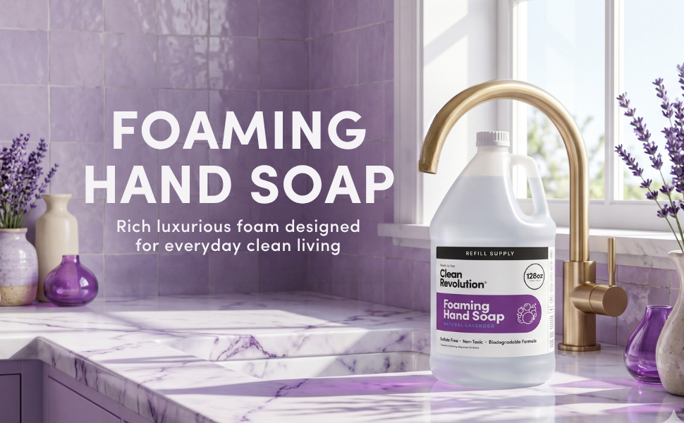 Foaming hand soap bottle in a purple kitchen