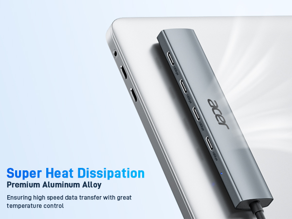 Slim aluminum alloy device, likely a portable SSD. Text highlights 'Super Heat Dissipation' and 'Premium Aluminum Alloy' features.